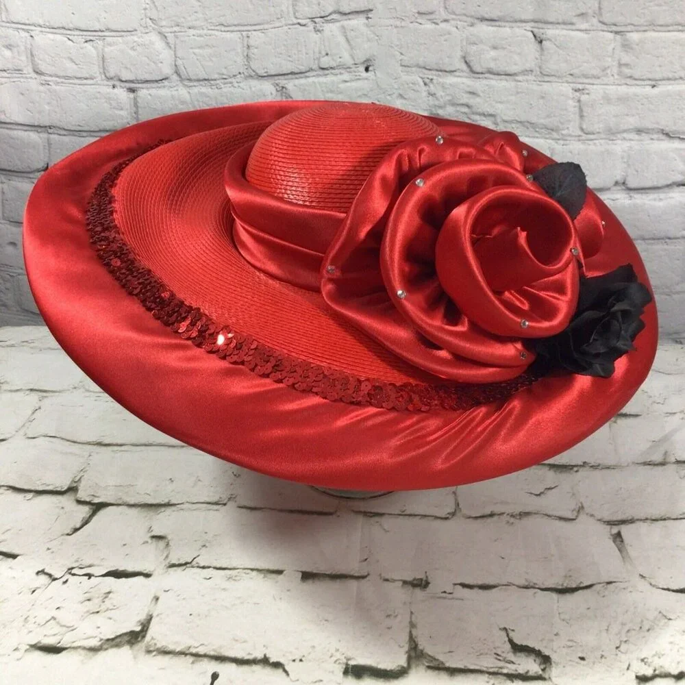 Vintage Mr. Hi’s Hat Red Kentucky‎ Derby Satin Jeweled Rose Showstopper Church